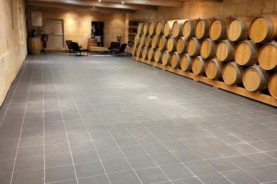 Vue d'un jardin verdoyant avec un arbre central, un escalier en pierre et un lac au coucher du soleil.