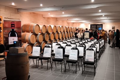 Vue d'un jardin verdoyant avec un arbre central, un escalier en pierre et un lac au coucher du soleil.