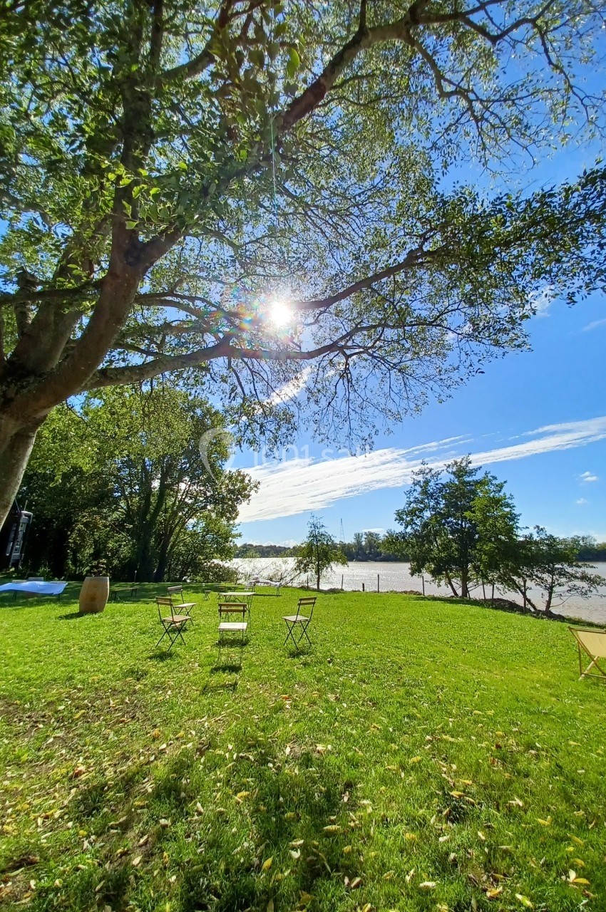 Pelouse ensoleillée bordée d'arbres avec vue sur une rivière, quelques chaises installées sous un ciel bleu.