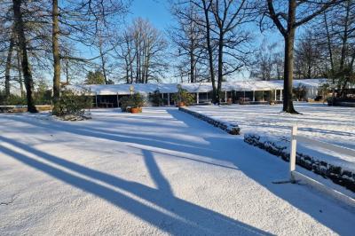 Deux tables rondes décorées pour un événement, avec nappes blanches, fleurs, verres et serviettes pliées.