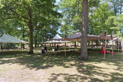 Deux tables rondes décorées pour un événement, avec nappes blanches, fleurs, verres et serviettes pliées.
