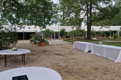Deux tables rondes décorées pour un événement, avec nappes blanches, fleurs, verres et serviettes pliées.