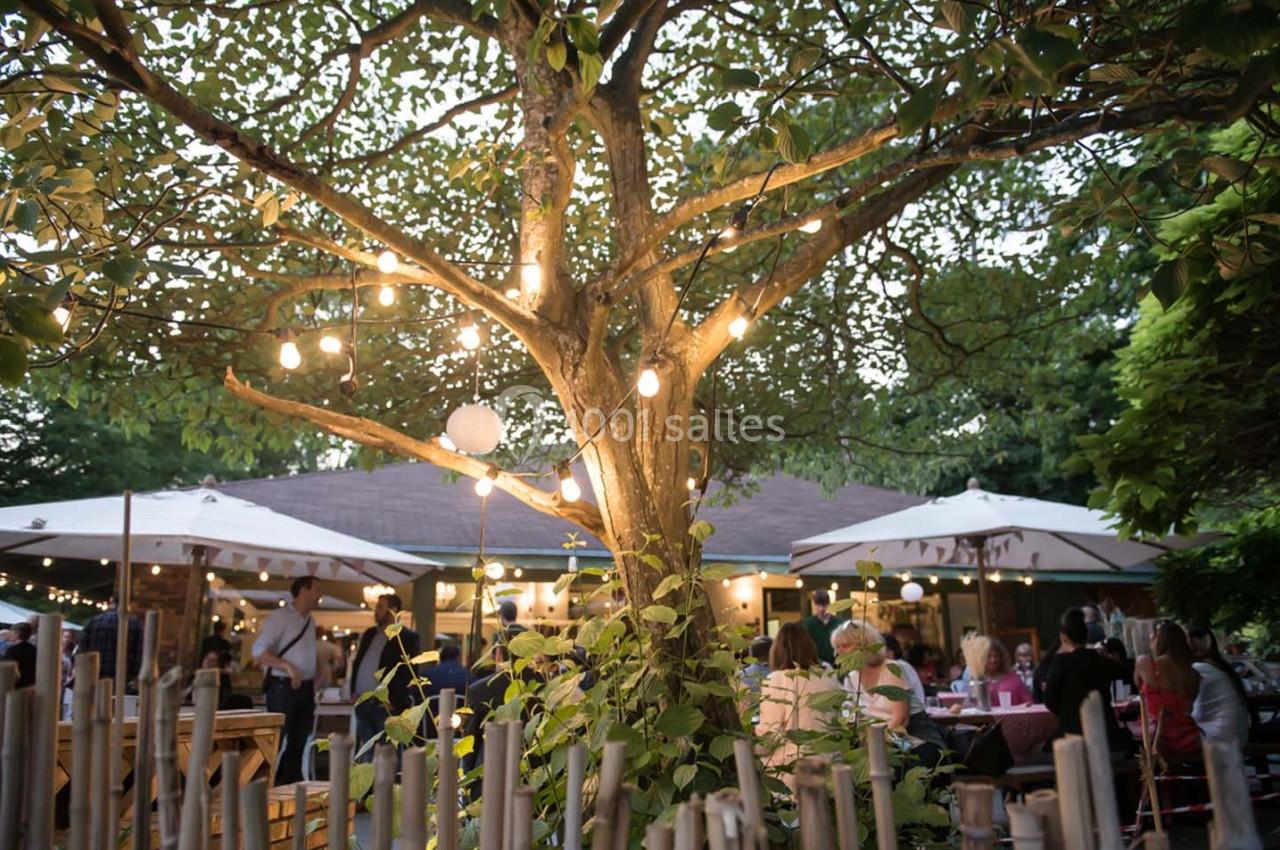 Arbre décoré de guirlandes lumineuses dans un jardin, entouré de tables et de personnes en soirée.