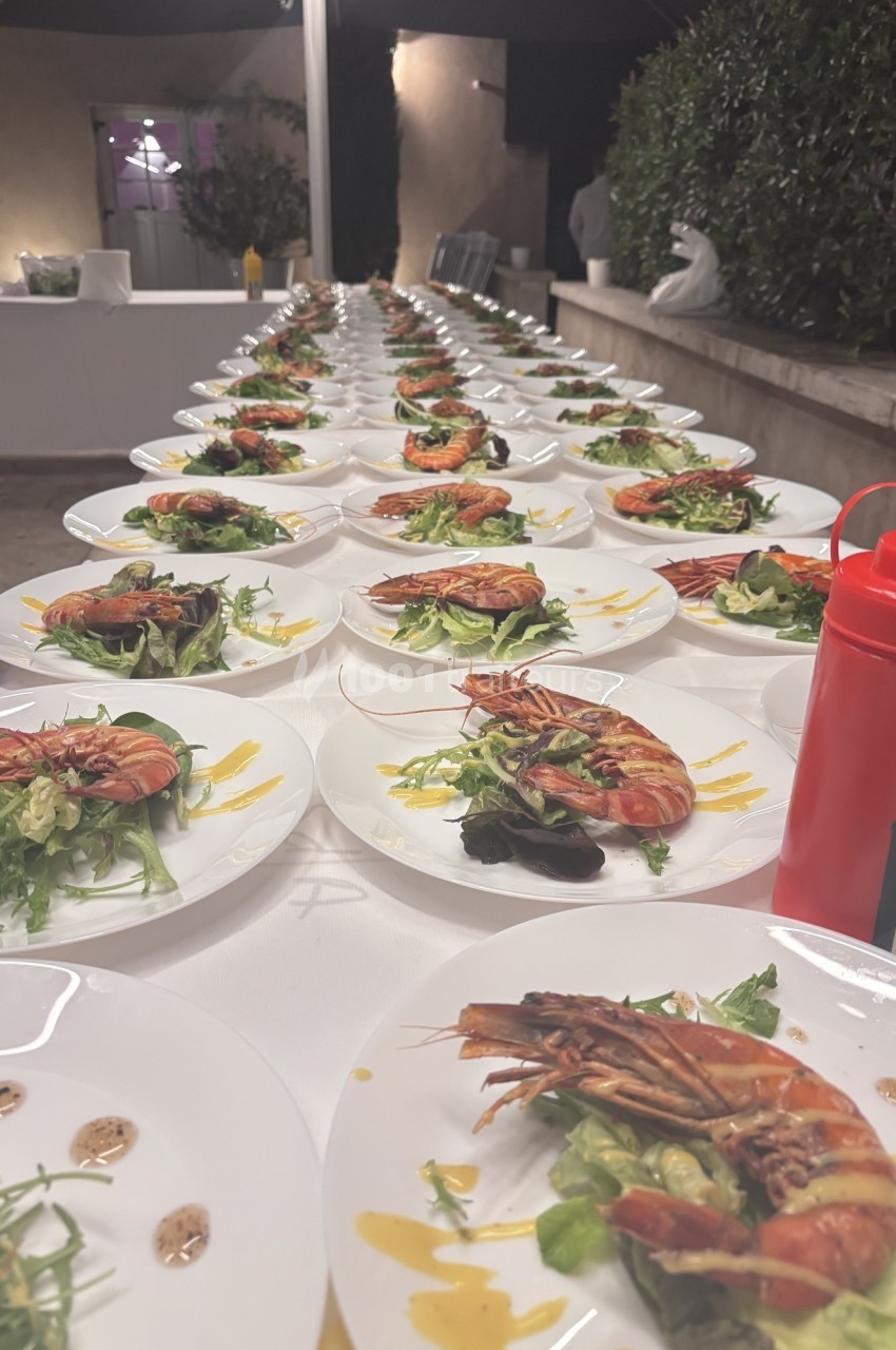 Assiettes alignées contenant des crevettes grillées sur un lit de salade verte, prêtes pour un service en extérieur.