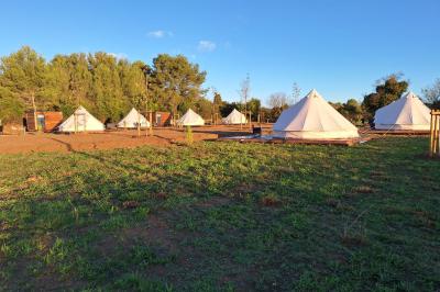 Salle de conférence lumineuse avec rangées de chaises blanches, un pupitre et un micro au premier plan.