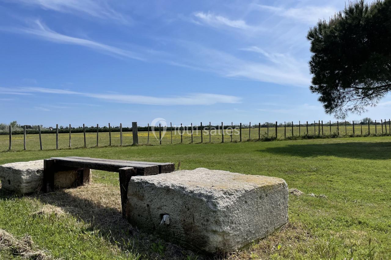 Banc rustique en bois et pierre sur une pelouse, avec une clôture et un ciel dégagé en arrière-plan.