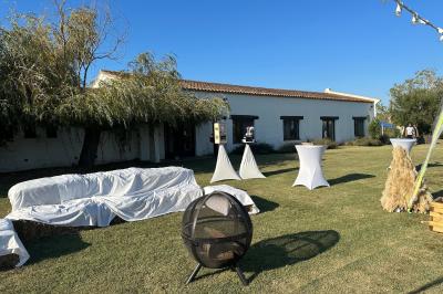 Miniature Location salle Saintes-Maries-de-la-Mer (Bouches-du-Rhône) - Manade Bec #8 Deux chevaux blancs derrière une clôture en bois, entourés d'herbes hautes sous un ciel bleu.