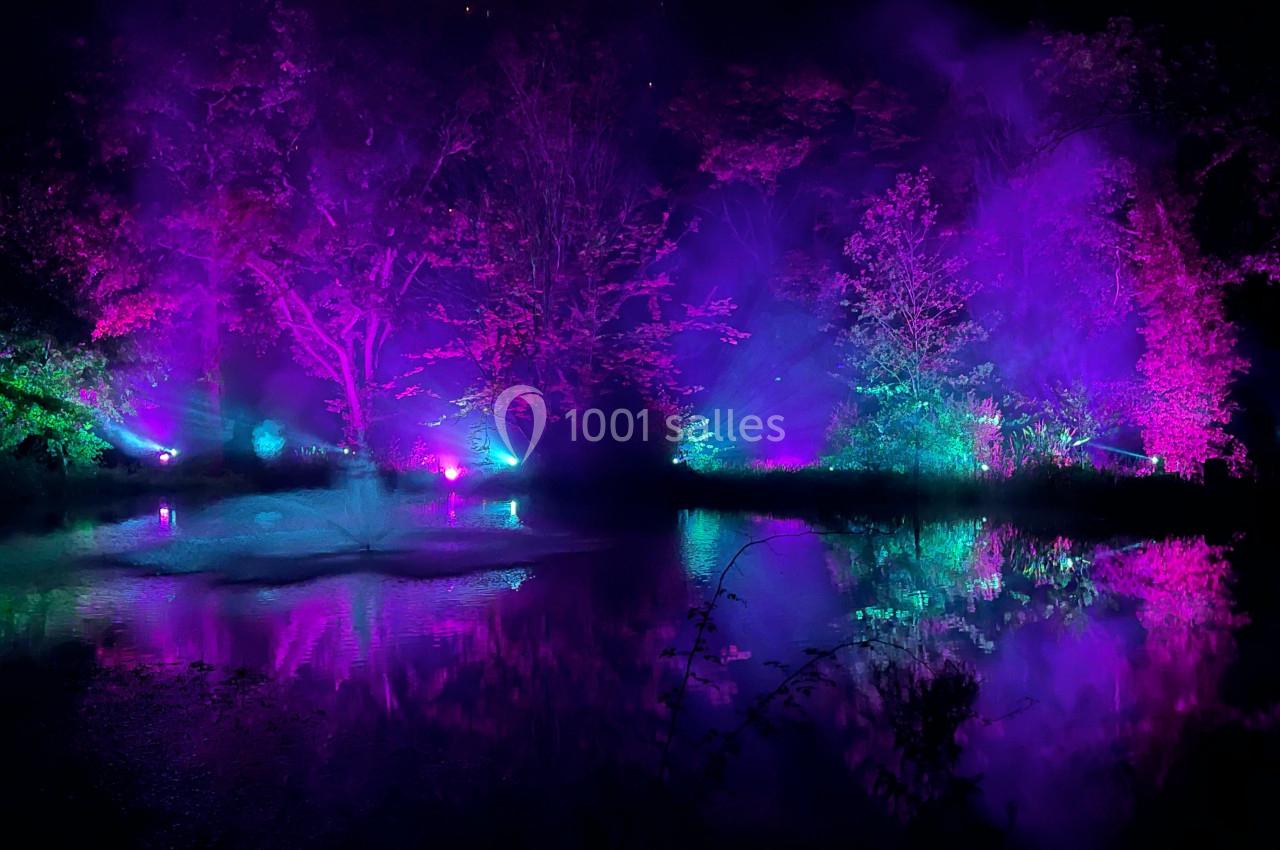 Éclairage coloré violet et bleu illuminant des arbres et leur reflet sur l'eau dans un environnement nocturne.