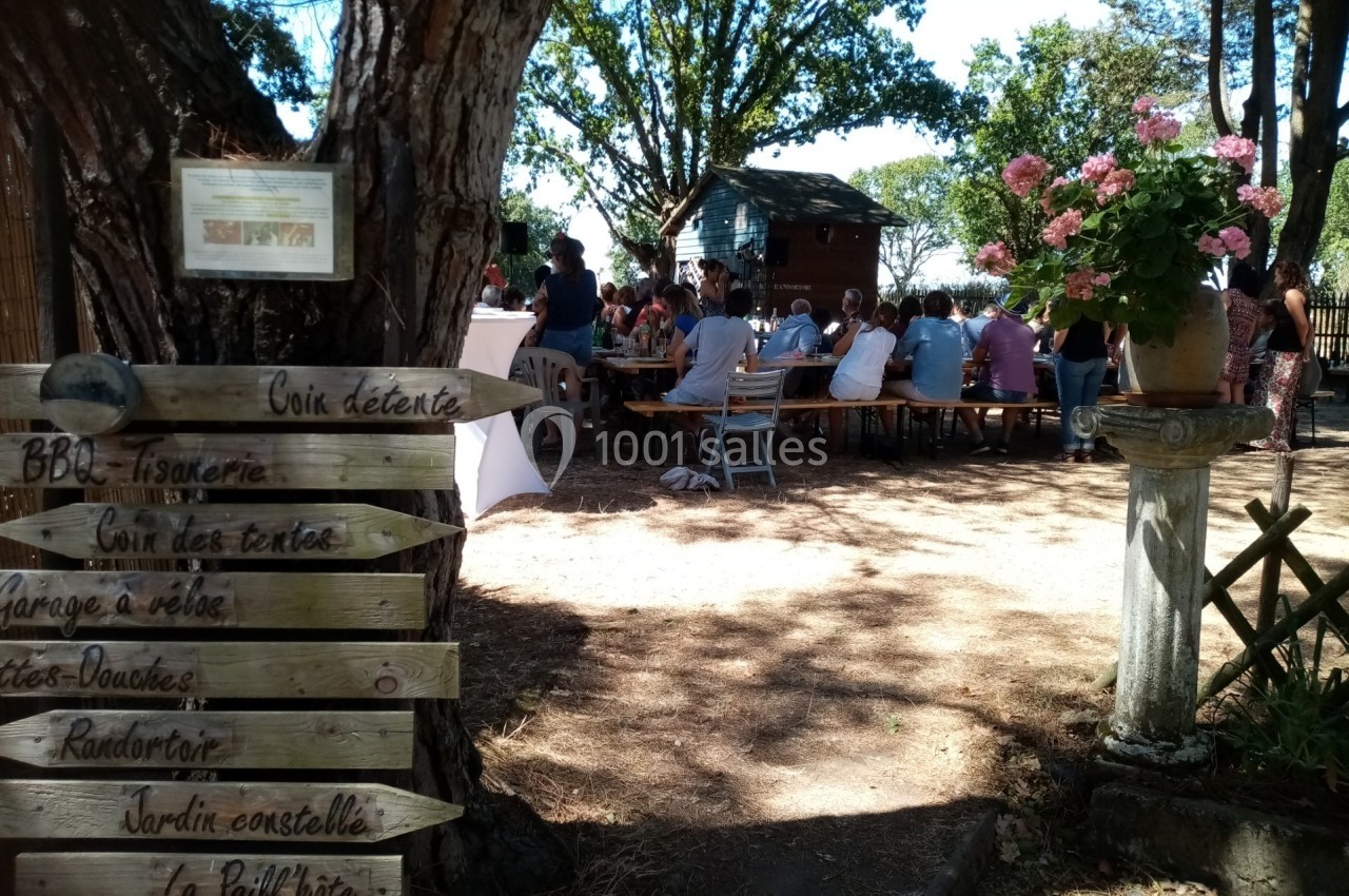 Groupe de personnes assises à des tables en plein air sous des arbres, avec des panneaux en bois indiquant diverses…