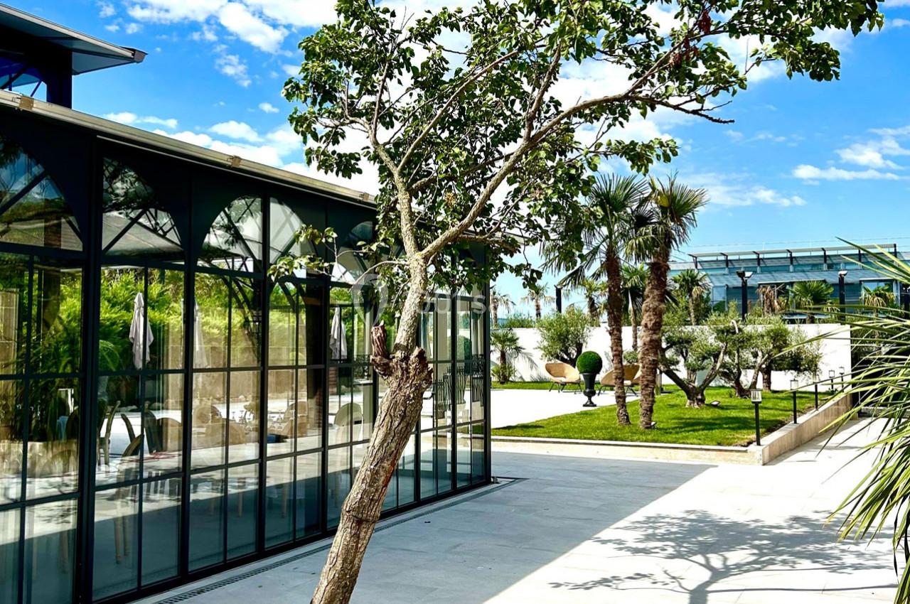 Jardin avec arbres et palmiers entourant une véranda vitrée sous un ciel bleu partiellement nuageux.