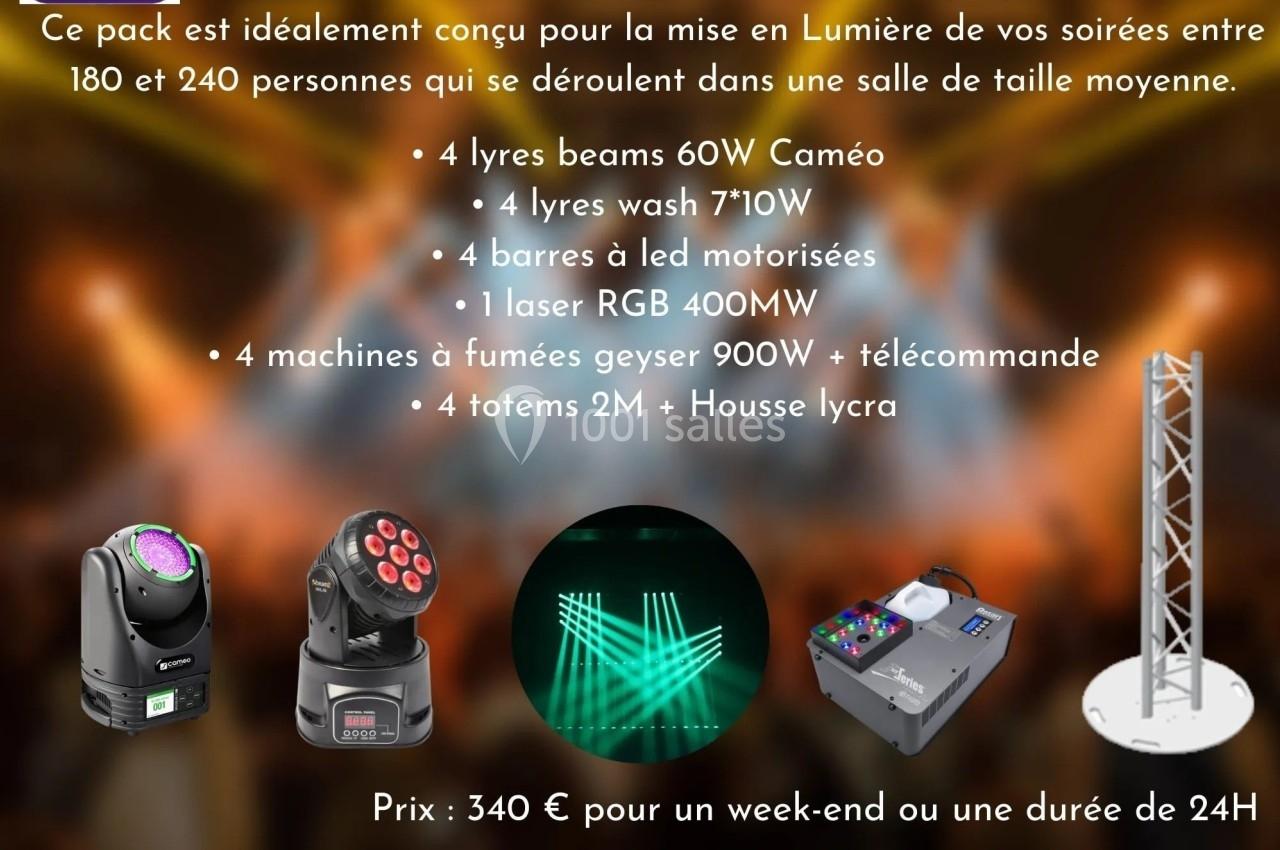 Image présentant un pack d'équipements d'éclairage et de fumée pour événements, avec détails techniques et prix.