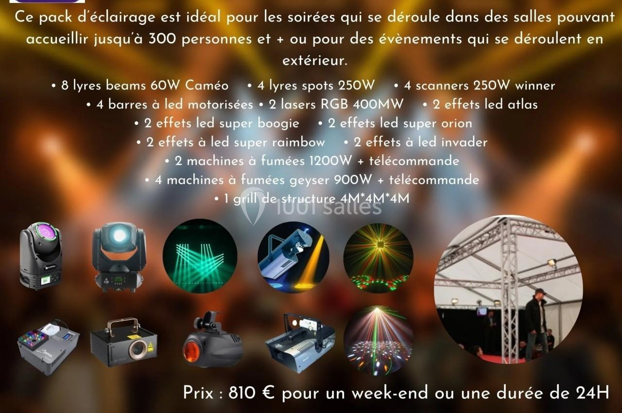 Pack d'éclairage comprenant projecteurs, lasers, machines à fumée et grill pour événements en intérieur ou extérieur.