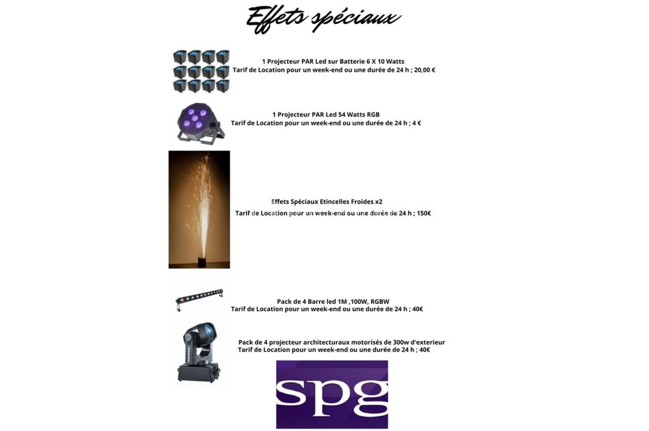 Liste de matériel d'effets spéciaux avec projecteurs, étincelles froides et éclairages, accompagnée de tarifs de location.