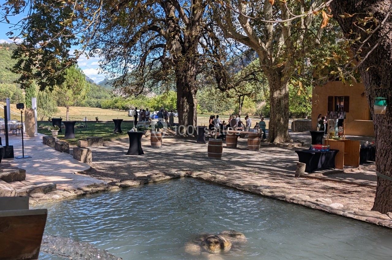 Espace extérieur avec tables hautes, arbres ombragés et un bassin au premier plan, lors d'un événement en plein air.