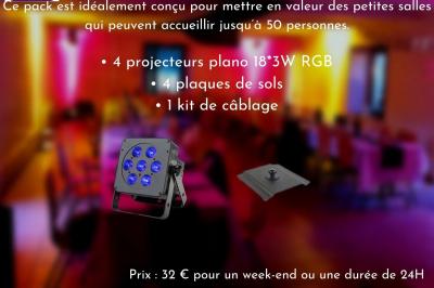 Liste de matériel d'effets spéciaux avec photos, descriptions et tarifs de location pour des événements.