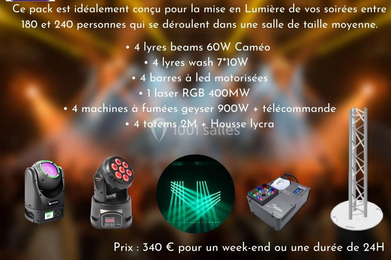 Image présentant un pack d'équipements d'éclairage et de fumée pour événements, avec détails techniques et prix affichés.