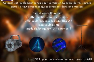 Liste de matériel d'effets spéciaux avec photos, descriptions et tarifs de location pour des événements.