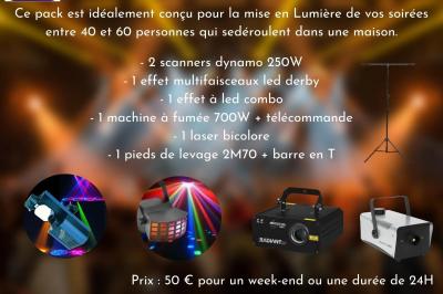 Liste de matériel d'effets spéciaux avec photos, descriptions et tarifs de location pour des événements.