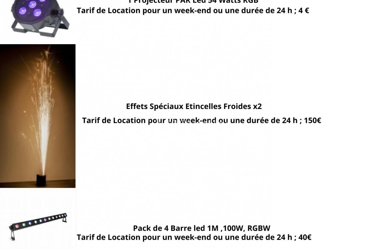 Image présentant différents équipements d'effets spéciaux avec descriptions, tarifs et durées de location.