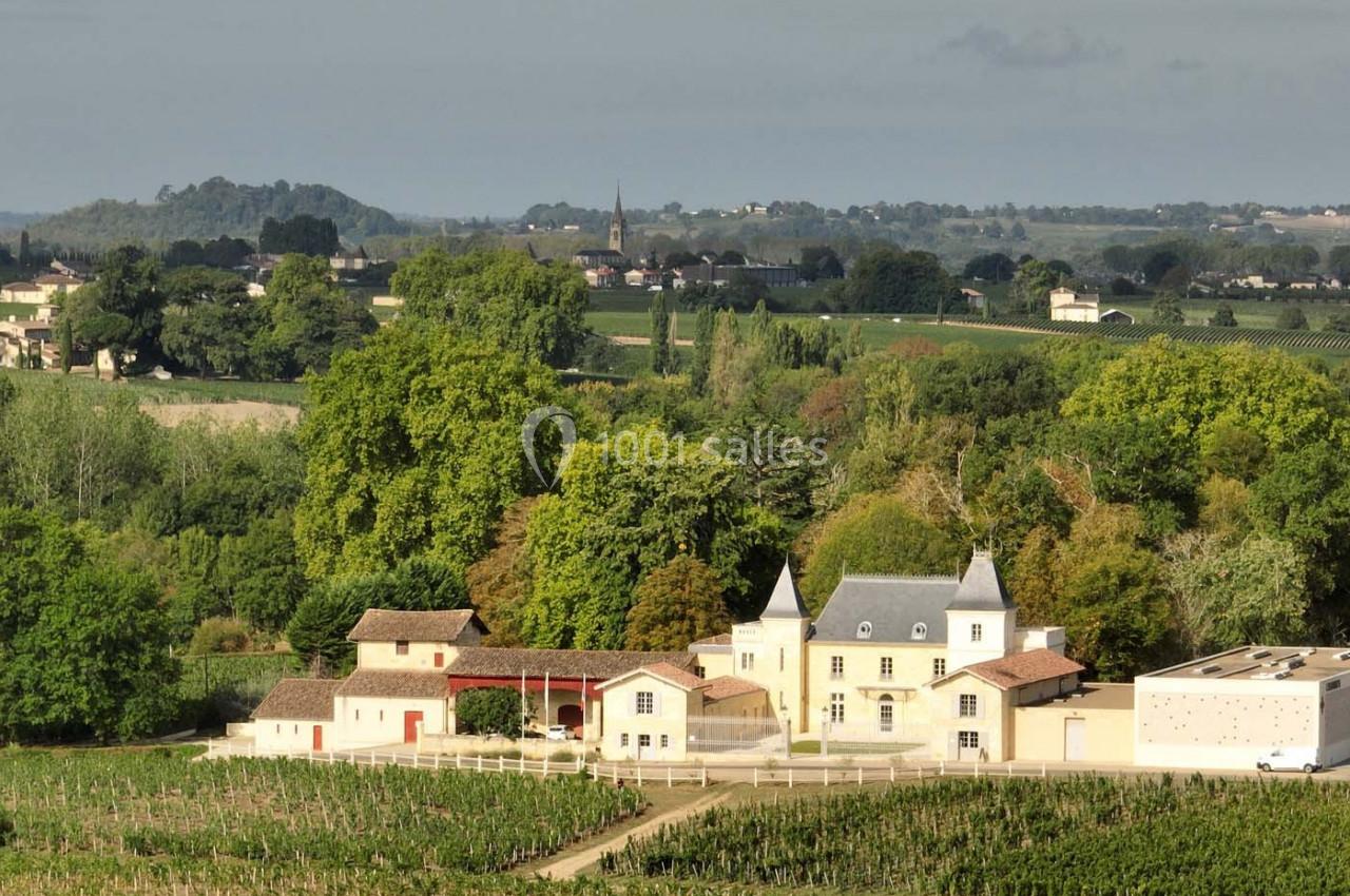 Vue d'un domaine viticole avec bâtiments traditionnels entourés de vignes et paysage rural en arrière-plan.