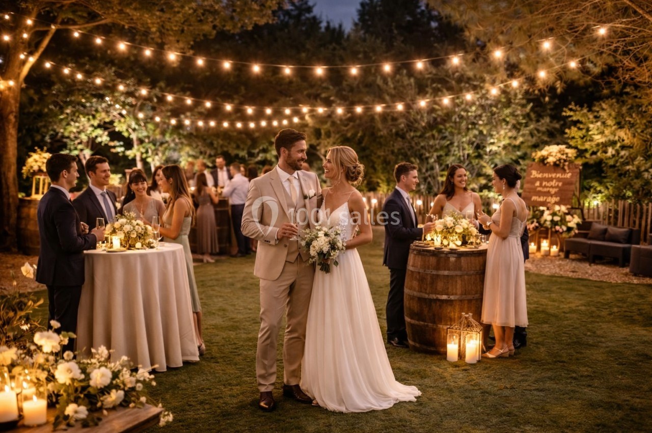 Un couple de mariés danse sous des guirlandes lumineuses dans un jardin, entouré d'invités et de décorations florales.