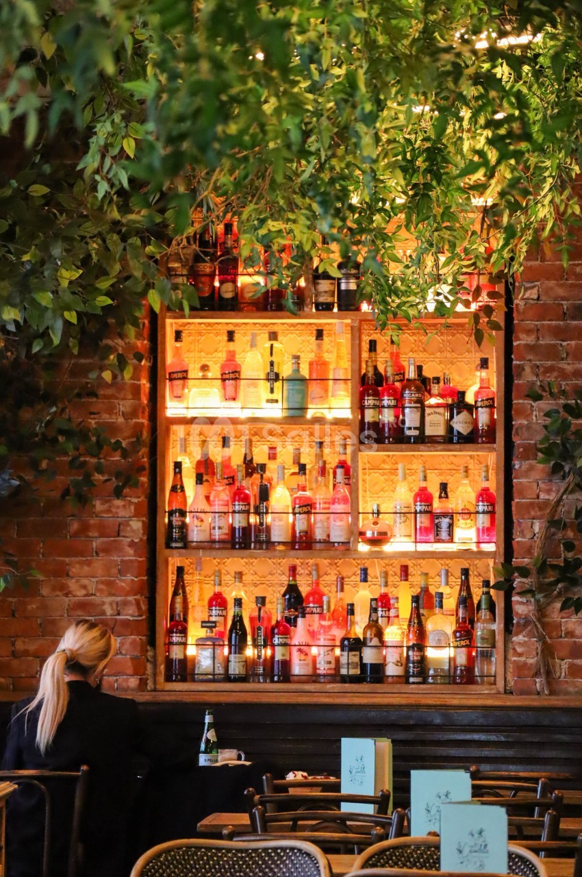 Étagères en bois remplies de bouteilles d'alcool, encadrées de briques et de feuillage, dans un décor de bar chaleureux.