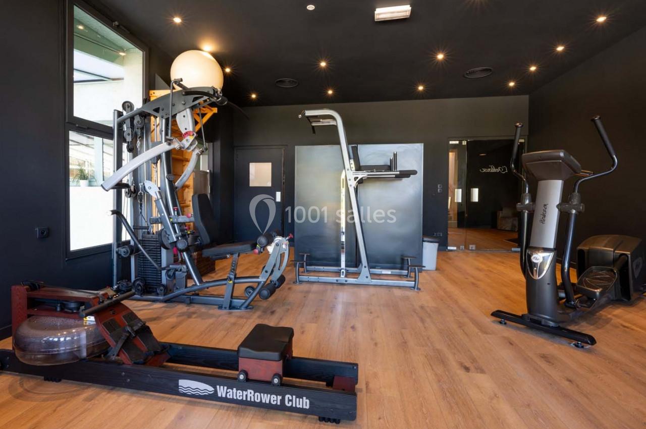 Salle de sport équipée de machines de musculation, rameur, vélo elliptique et ballon de fitness sur un sol en bois.