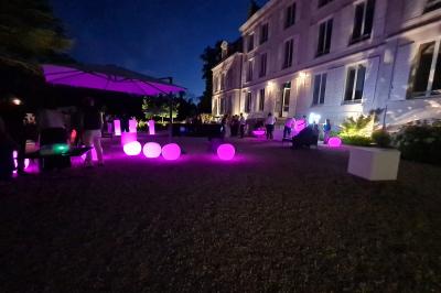 Un groupe de musiciens joue en plein air devant un grand bâtiment de style classique, entouré d'invités en tenue claire.