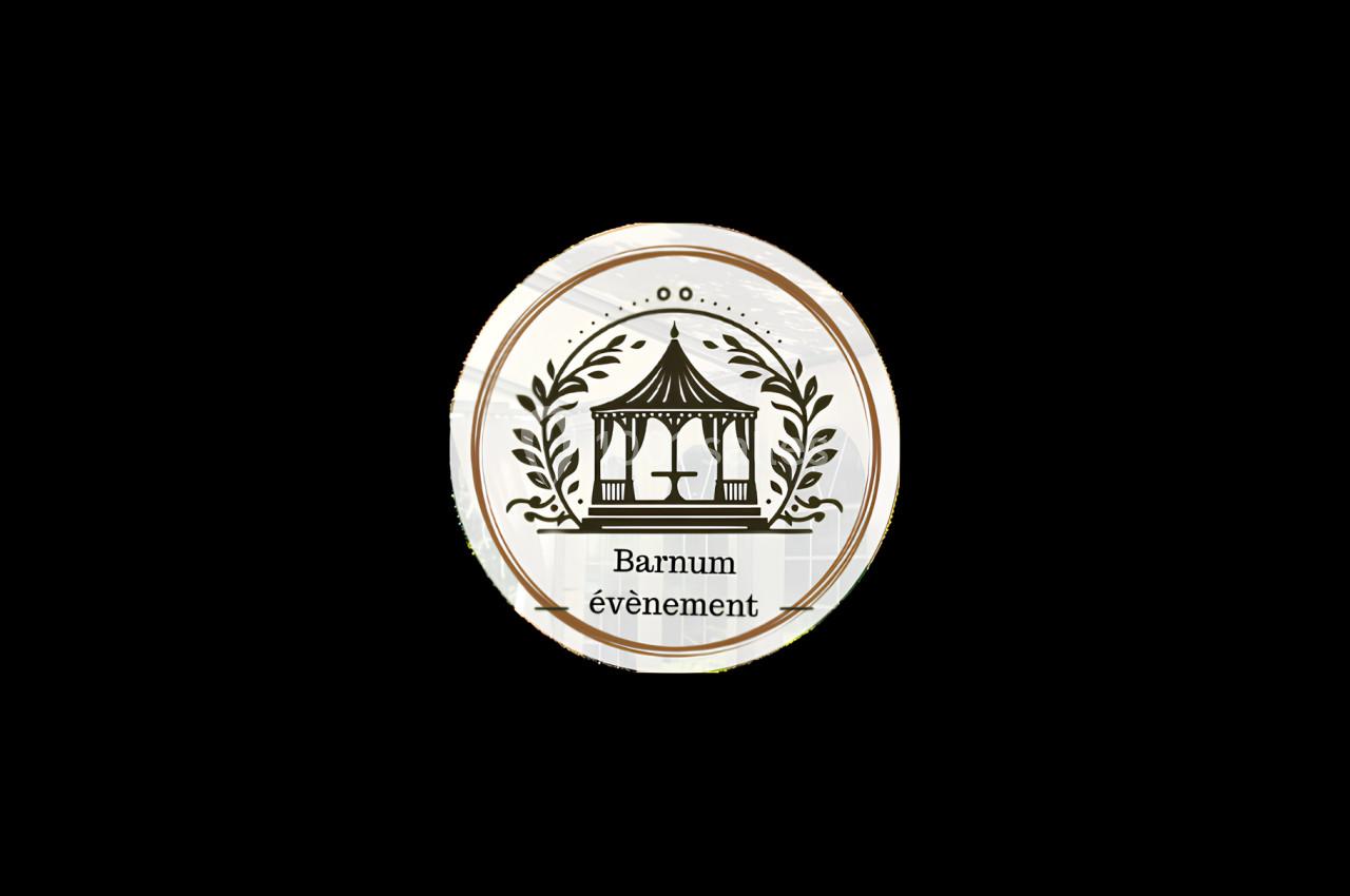 Logo circulaire avec une illustration de barnum entouré de motifs végétaux et le texte ’Barnum événement’.
