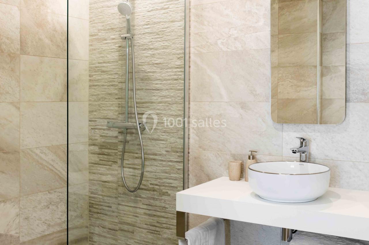 Location salle Saint-Samson-de-la-Roque (Eure) - Manoir Néo Normand #68 Salle de bain moderne avec douche à l'italienne, lavabo sur plan suspendu et miroir rectangulaire.