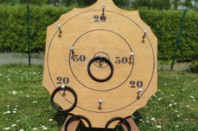 Disque en bois avec des cercles numérotés et des pions en bois disposés sur différentes zones de points.