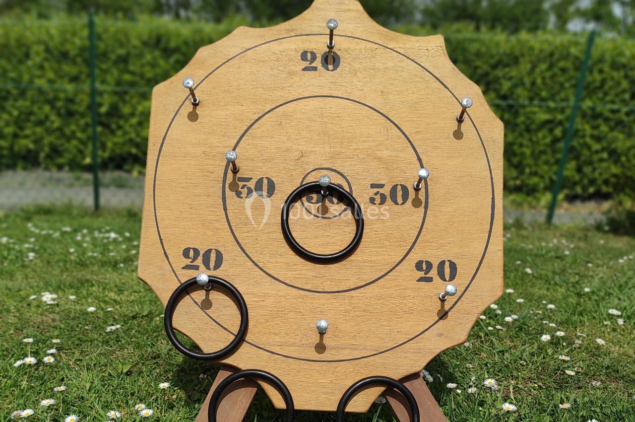 Cible en bois avec des anneaux métalliques lancés, posée sur une pelouse avec une haie en arrière-plan.