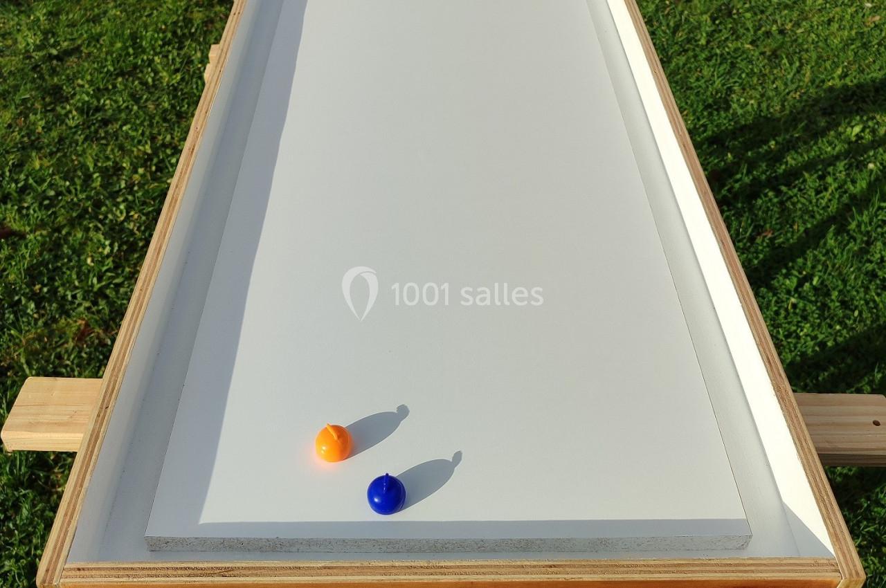 Table de jeu en bois avec surface blanche, palets colorés et cible circulaire, posée sur une pelouse.