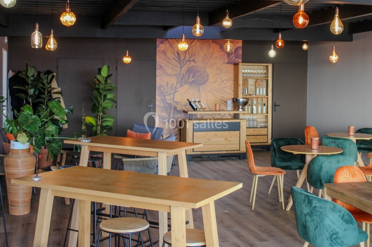 Location salle Saint-Genès-de-Lombaud (Gironde) - Domaine du Château Icla #5 Salle lumineuse avec tables en bois, chaises colorées, plantes vertes et suspensions décoratives.