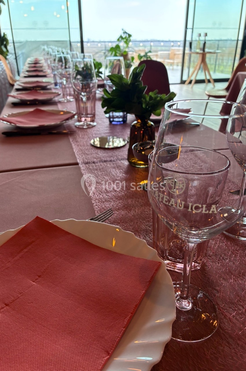 Location salle Saint-Genès-de-Lombaud (Gironde) - Domaine du Château Icla #20 Table élégamment dressée avec nappes roses, verres, assiettes et serviettes, offrant une vue sur un paysage extérieur.