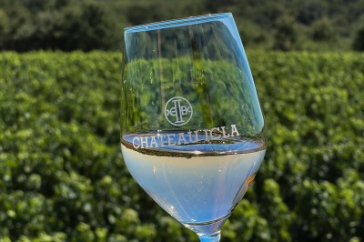 Miniature Location salle Saint-Genès-de-Lombaud (Gironde) - Domaine du Château Icla #28 Verre à pied rempli de bouchons de liège, posé sur une surface réfléchissante avec un arrière-plan flou.