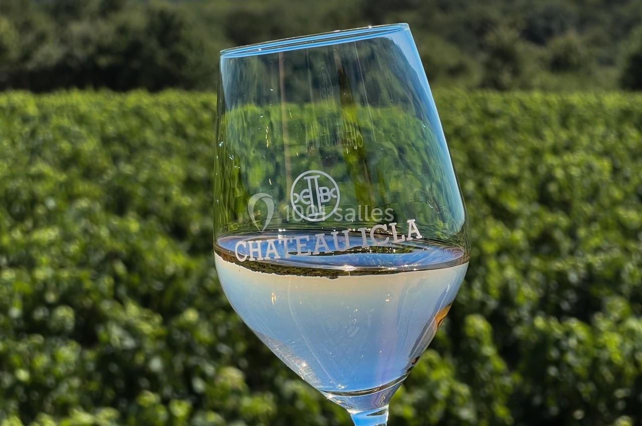 Location salle Saint-Genès-de-Lombaud (Gironde) - Domaine du Château Icla #28 Verre de vin blanc marqué ’Château Lecla’, tenu devant un vignoble verdoyant sous un ciel clair.