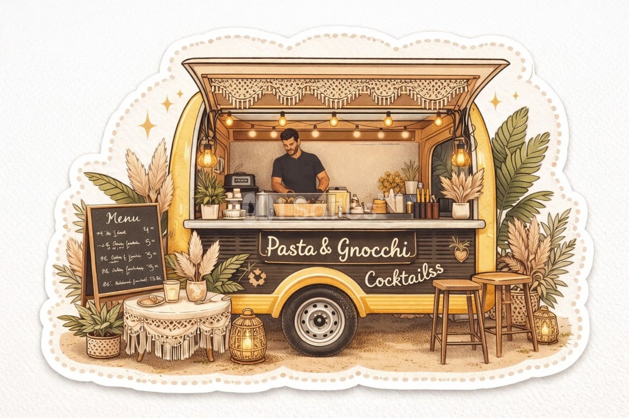 Camion-restaurant jaune décoré de plantes et guirlandes lumineuses, proposant pâtes, gnocchis et cocktails.