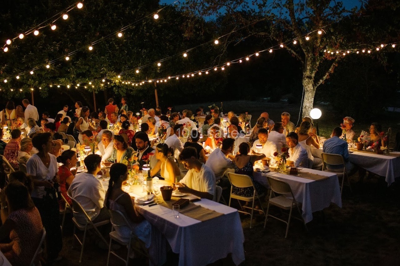 Des convives dînent en plein air sous des guirlandes lumineuses, de nuit, autour de longues tables décorées.