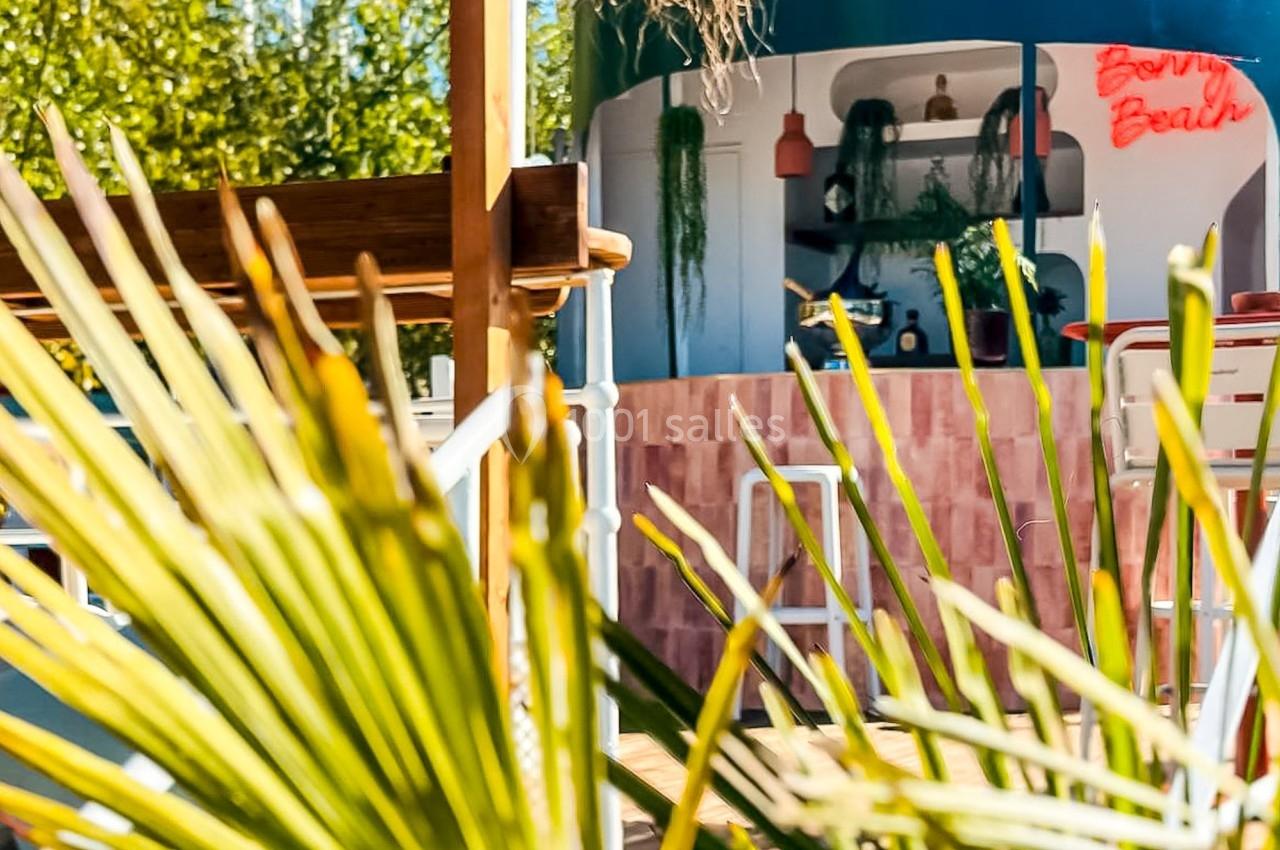 Un comptoir extérieur décoré de plantes et de lampes suspendues, entouré de palmiers et de structures en bois.