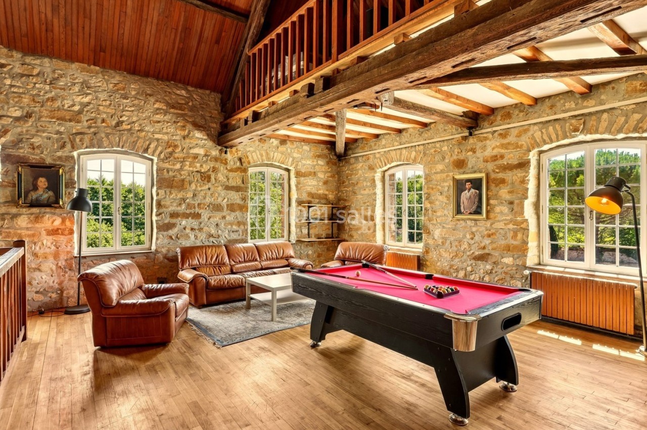 Salle avec murs en pierre, canapé en cuir, table de billard rouge et grandes fenêtres laissant entrer la lumière naturelle.