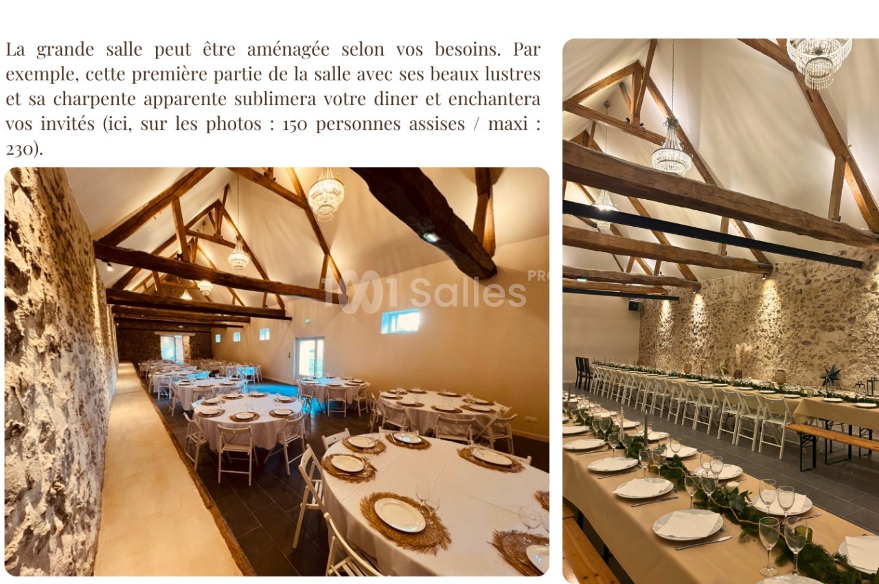 Salle spacieuse avec charpente apparente, murs en pierre et tables dressées pour un repas ou un événement.