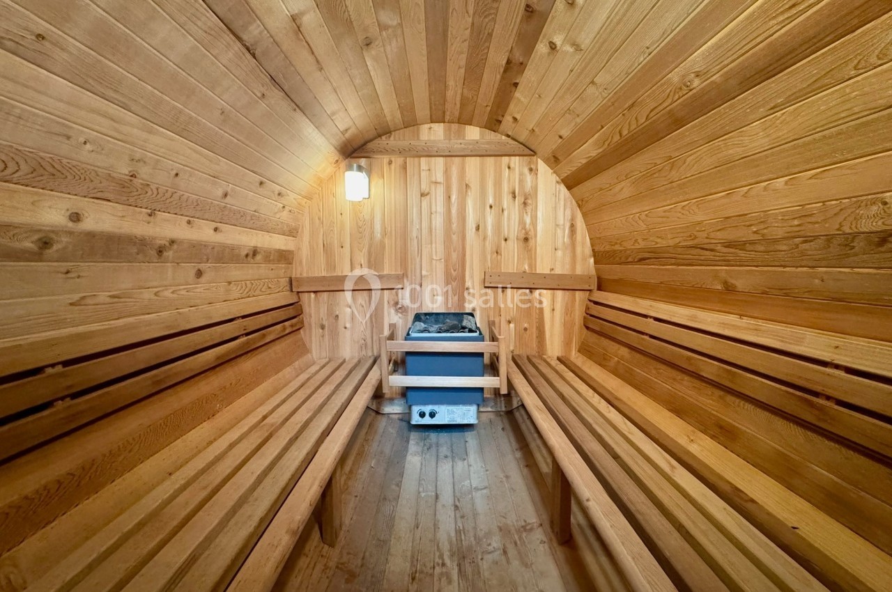 Intérieur d'un sauna en bois avec bancs en bois clair, éclairage mural et poêle au centre.