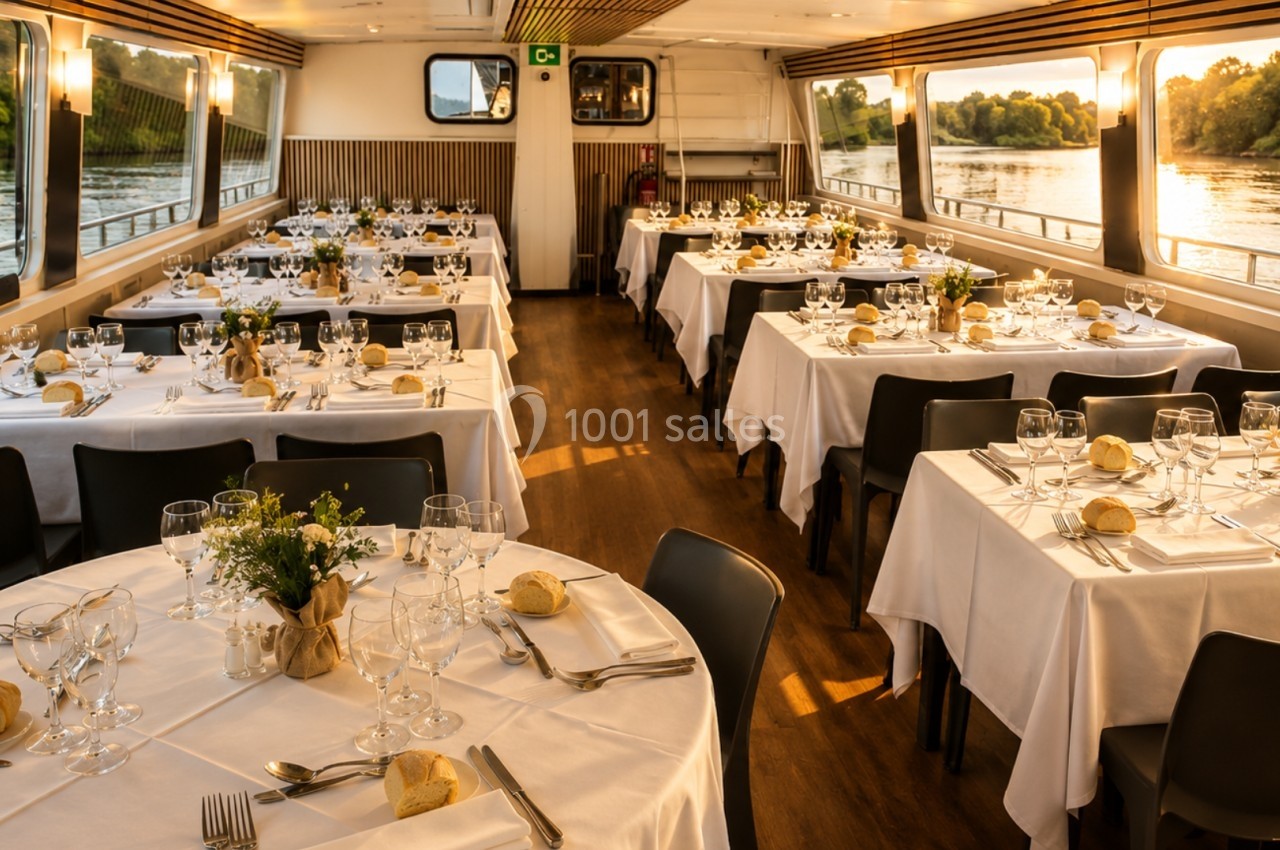 Salle de réception sur un bateau avec tables dressées, nappes blanches, vaisselle élégante et vue sur un fleuve au coucher…