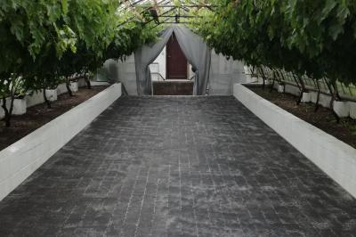 Chambre avec lit double, baignoire îlot, parquet, carrelage hexagonal et échelle porte-serviettes.