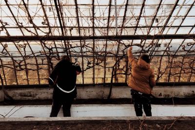 Chambre avec lit double, baignoire îlot, parquet, carrelage hexagonal et échelle porte-serviettes.