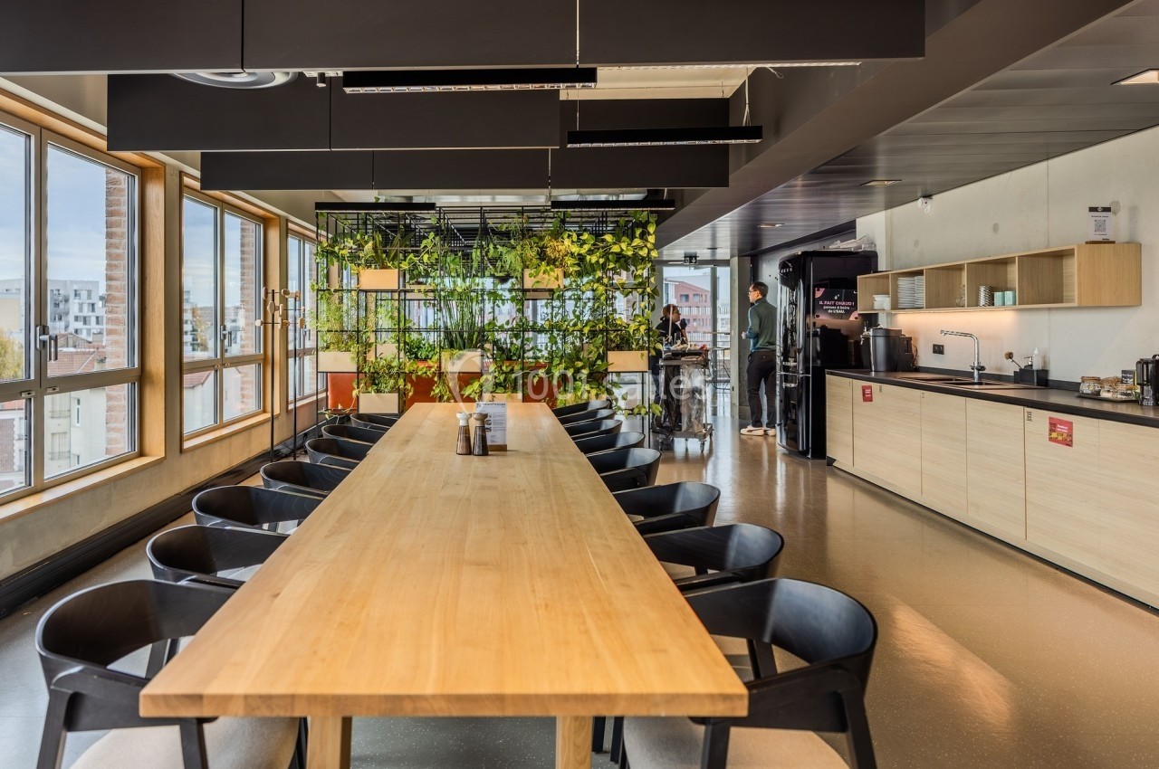 Salle de pause lumineuse avec une grande table en bois, des chaises noires, une cuisine équipée et des plantes suspendues.