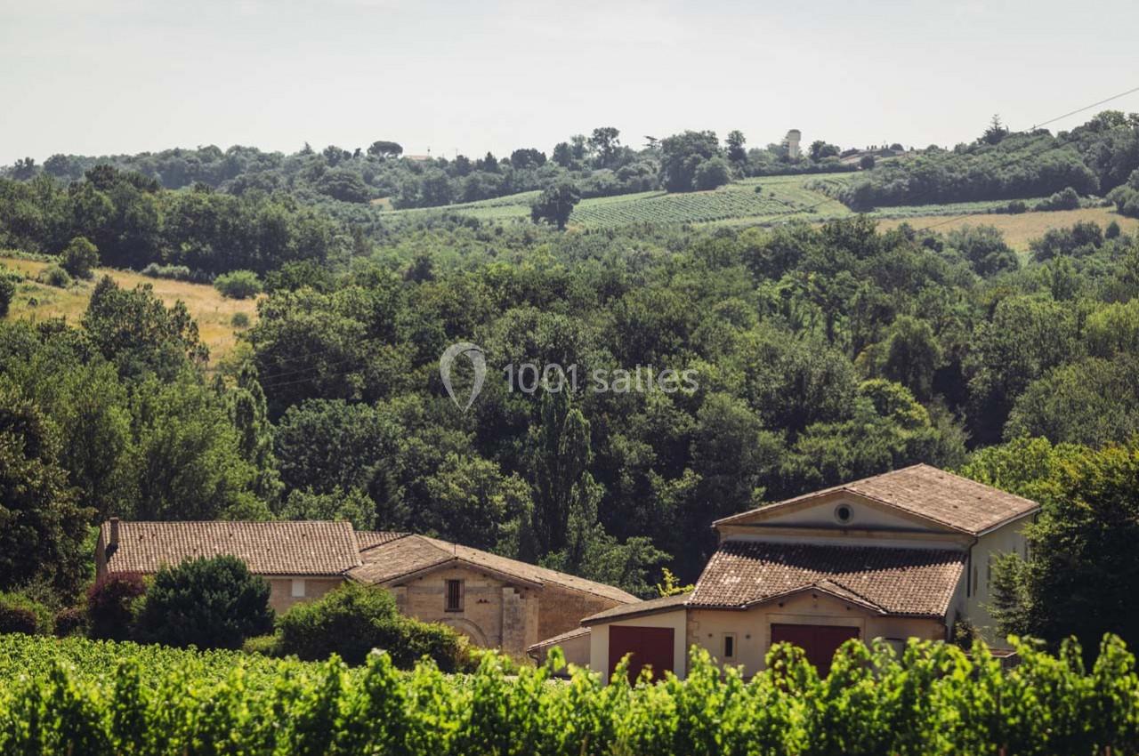 Vue d'un paysage rural avec des bâtiments en pierre entourés de vignes et de collines verdoyantes.