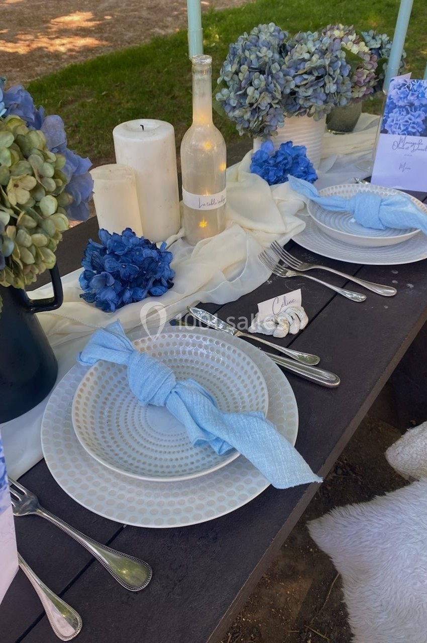 Table décorée pour un repas en extérieur avec vaisselle blanche, serviettes bleues, bougies et bouquets d’hortensias.