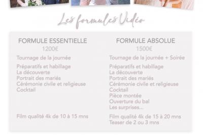 Deux formules de vidéo de mariage présentées avec photos de couples, détails des prestations et coordonnées de contact.